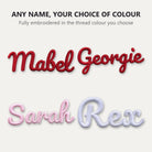 Four 3D name patches in red, pink and white thread reading Mabel, Georgie, Sarah and Rex