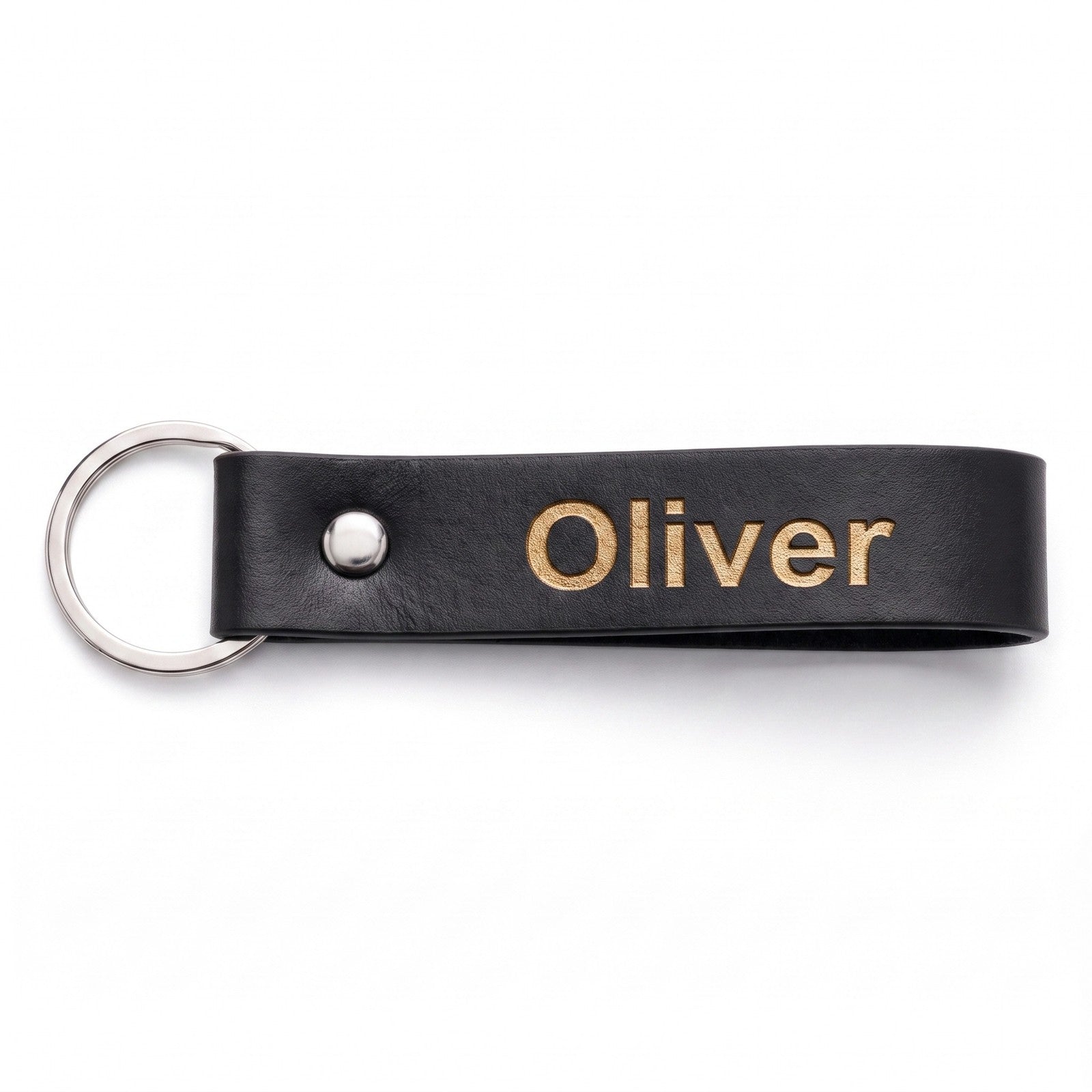 Black leather keyring with gold laser engraving
