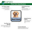 Photo patch specifications - printed photo, embroidered text and border, backing options