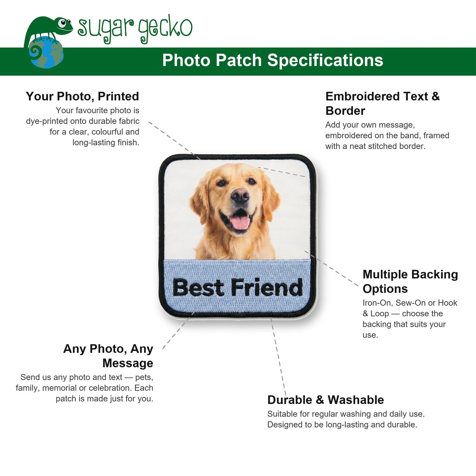 Photo patch specifications - printed photo, embroidered text and border, backing options