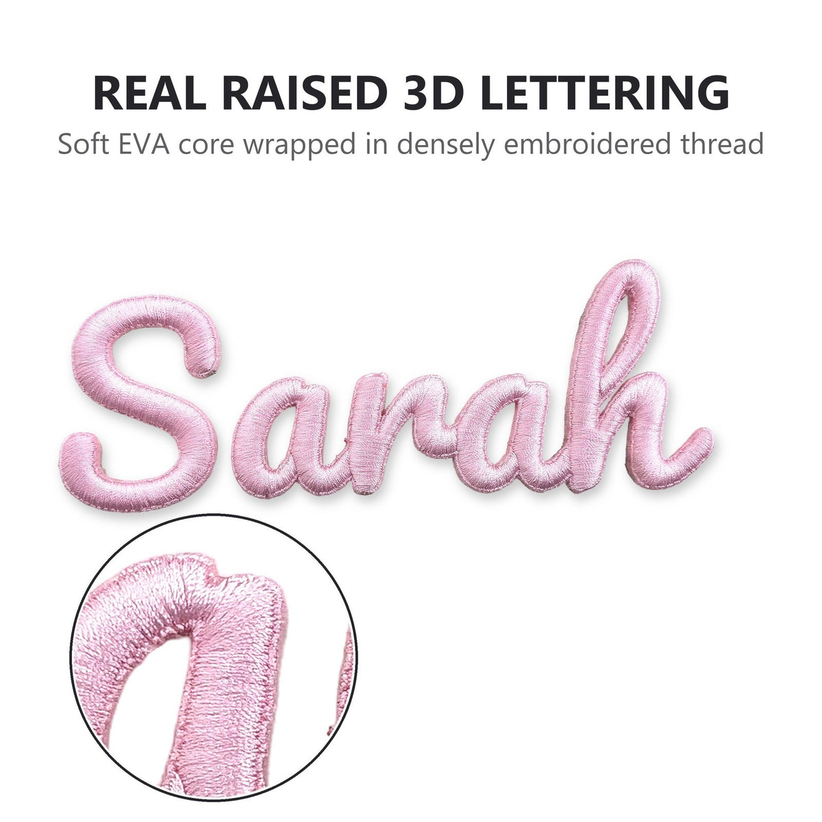 Close-up of a pink 3D name patch showing the raised padded lettering and satin-stitched edge