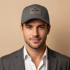 Man wearing the graphite grey custom leather patch baseball cap