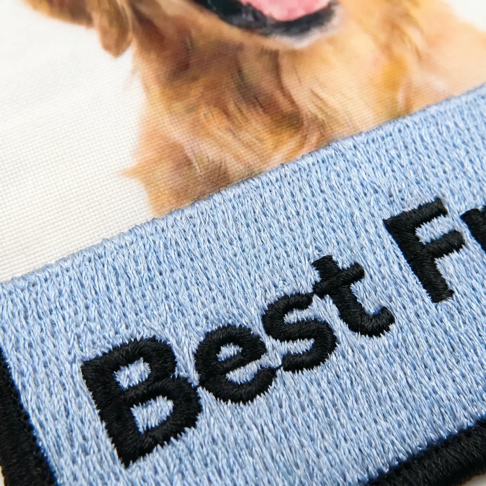 Close-up of printed fabric photo and embroidered band