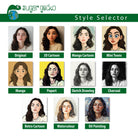 The image is a collage of nine different portraits of women, each with a unique style and medium. The portraits include original drawings, 3D cartoon, manga, popart, sketch drawing, charcoal, retro cartoon, watercolour, and oil painting.