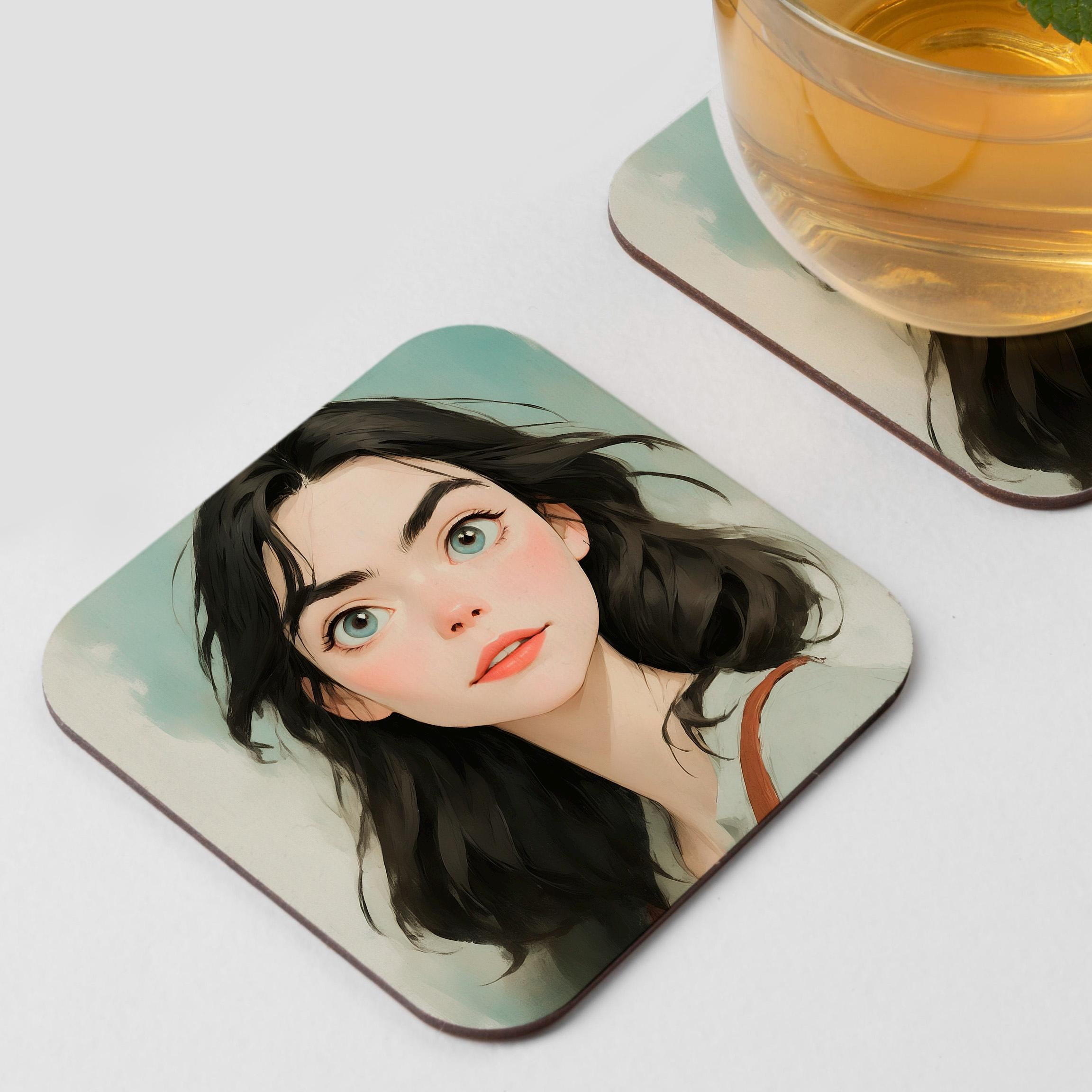 a coaster with a close-up of a woman's face, along with a glass of tea. coaster