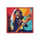 Custom embroidered patch featuring a colorful design of a guitarist, vibrant fabric, machine washable.