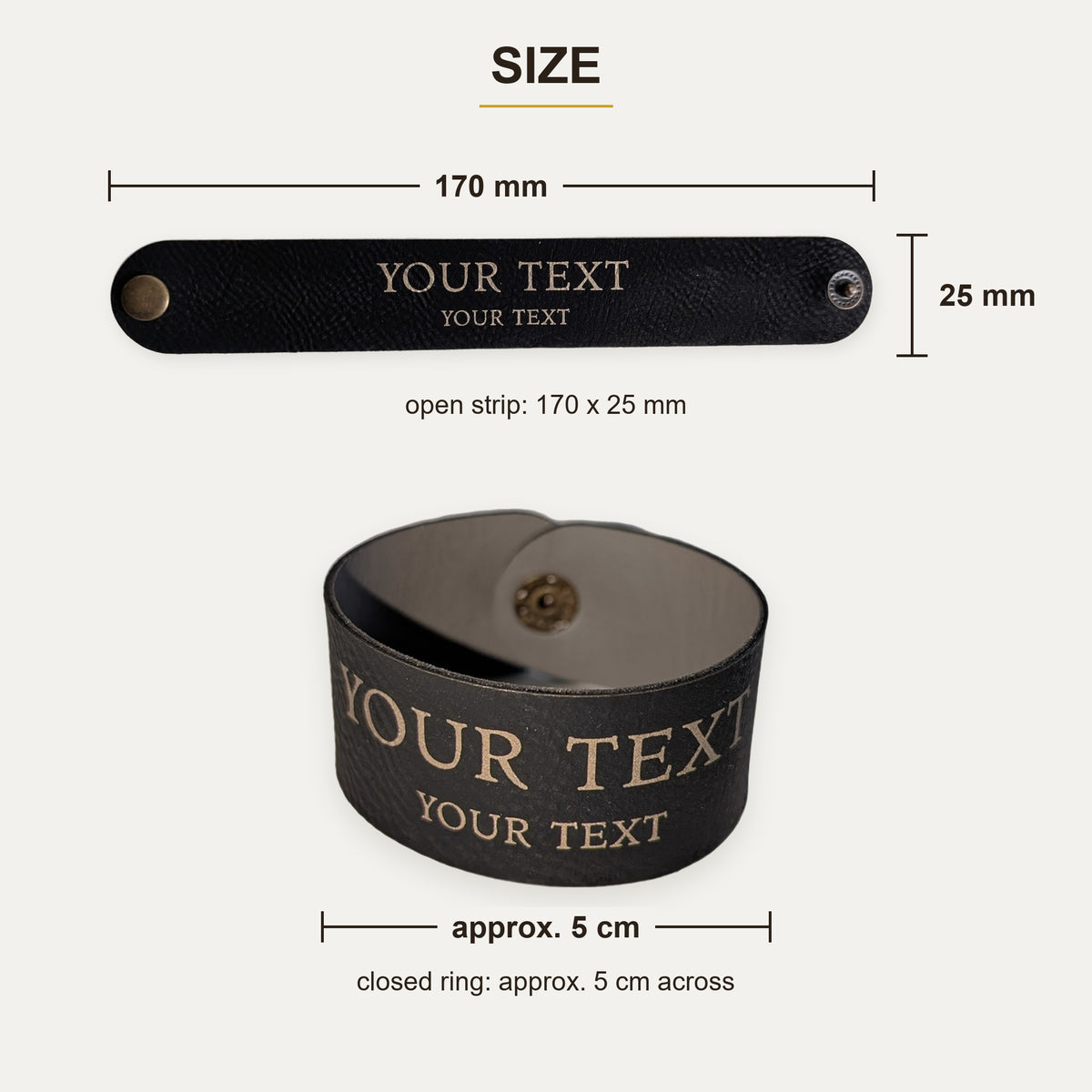 Size guide: open band 170 x 25 mm, closed ring about 5 cm across