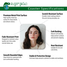 The image is a collage of several images that are used to describe the features of a product called "Sugar gecko Coaster". The collage includes a close-up of a woman's face, highlighting the product's durability, scratch-resistant surface, and cork backing. The collage also mentions the product's heat resistance and its suitability for hot and cold drinks.