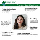 The image is a collage of several images that are used to describe the features of a product called "Sugar gecko Coaster". The collage includes a close-up of a woman's face, highlighting the product's durability, scratch-resistant surface, and cork backing. The collage also mentions the product's heat resistance and its suitability for hot and cold drinks.