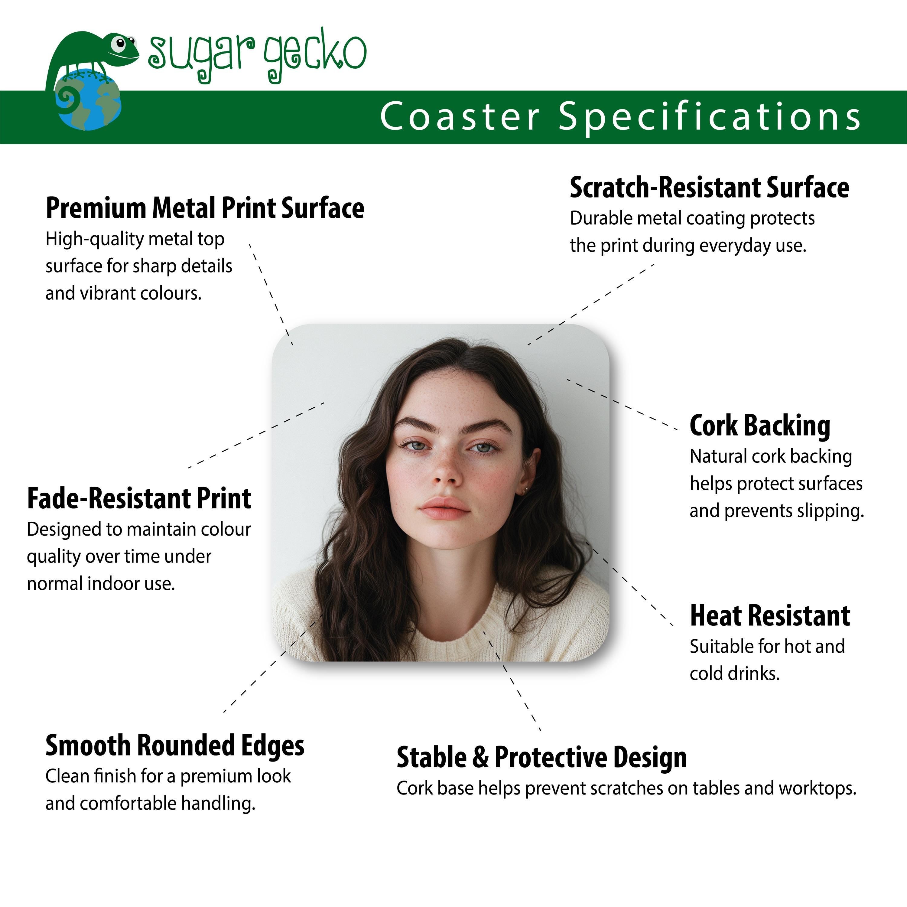 The image is a collage of several images that are used to describe the features of a product called "Sugar gecko Coaster". The collage includes a close-up of a woman's face, highlighting the product's durability, scratch-resistant surface, and cork backing. The collage also mentions the product's heat resistance and its suitability for hot and cold drinks.