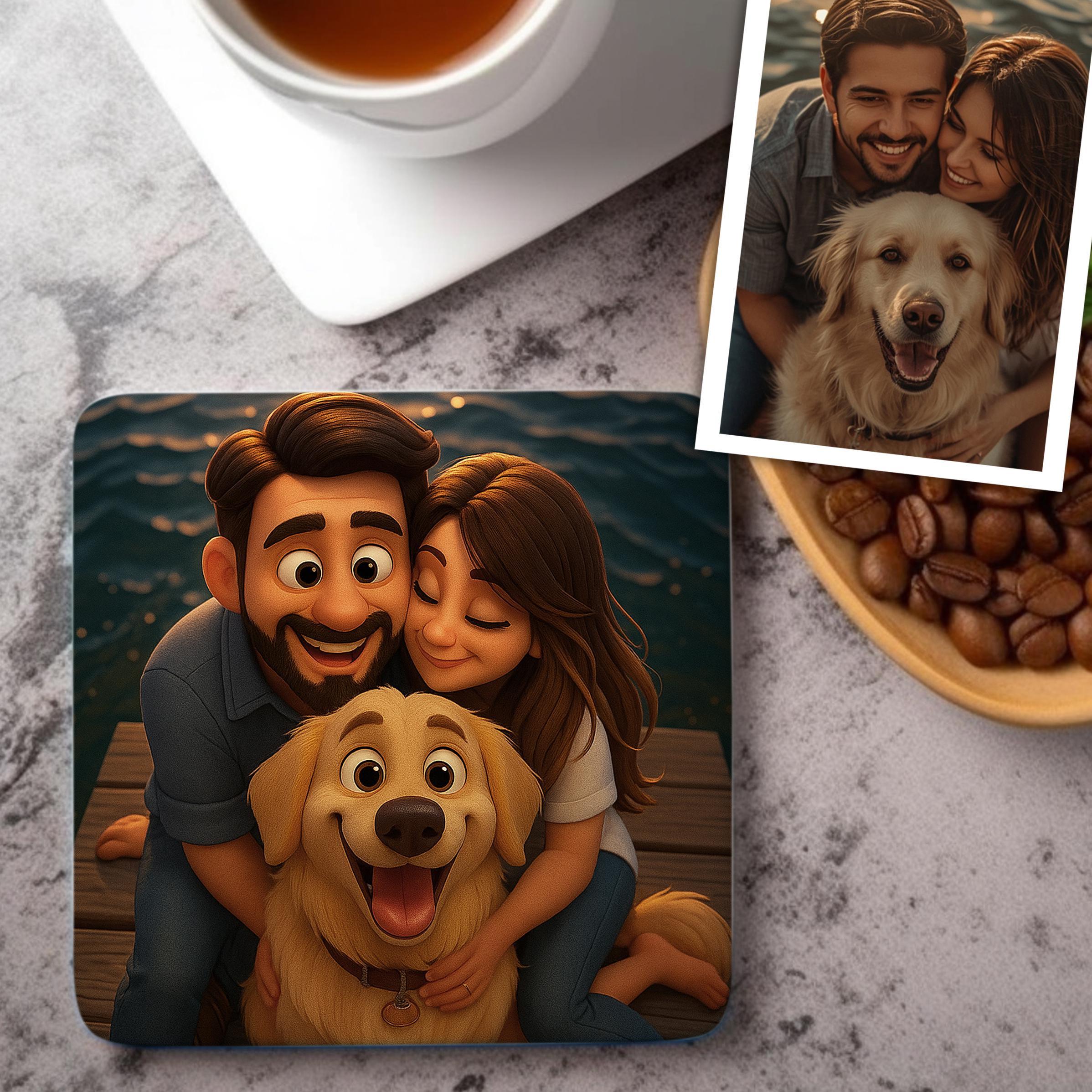 A collage of two images depicting a couple embracing a dog, with a cup of coffee and a bowl of coffee beans in the background.coaster
