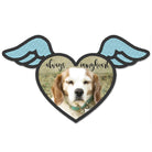 Heart-shaped embroidered patch with wings featuring a dog photo and the text 'always in my heart'.