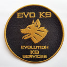 Embroidered patch featuring 'EVO K9' and a wolf head design for Evolution K9 Services.