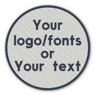 Personalized embroidered patch showcasing custom text and logo in a circular design.