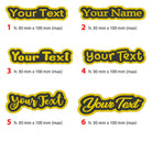 Custom embroidered name patches in various styles, ideal for personalization on bags and clothing.