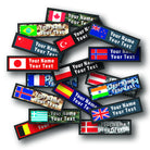 Personalised printed flag patches featuring various country designs and customizable text for bags and apparel.
