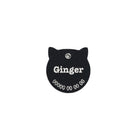 Personalized black leather cat name tag with engraved name 'Ginger', double-sided design for pet identification.