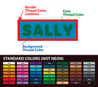 Personalized embroidered patch showing name 'SALLY' with color options for border, font, and background thread.