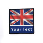 Personalized wavy flag patch with British flag design and custom text option for clothing or accessories.