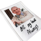 Handwritten embroidered patch featuring a photo of an elderly man with the text 'All my love Always'.