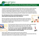 Instructions for applying embroidered patches, including iron settings and care tips for durability.