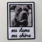 Handwritten embroidered patch featuring a dog photo with text 'ma dame ma chére', a unique memorial gift.