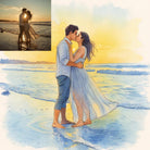 Custom watercolor portrait of a couple at the beach inspired by a photo, perfect for personalizing memories.