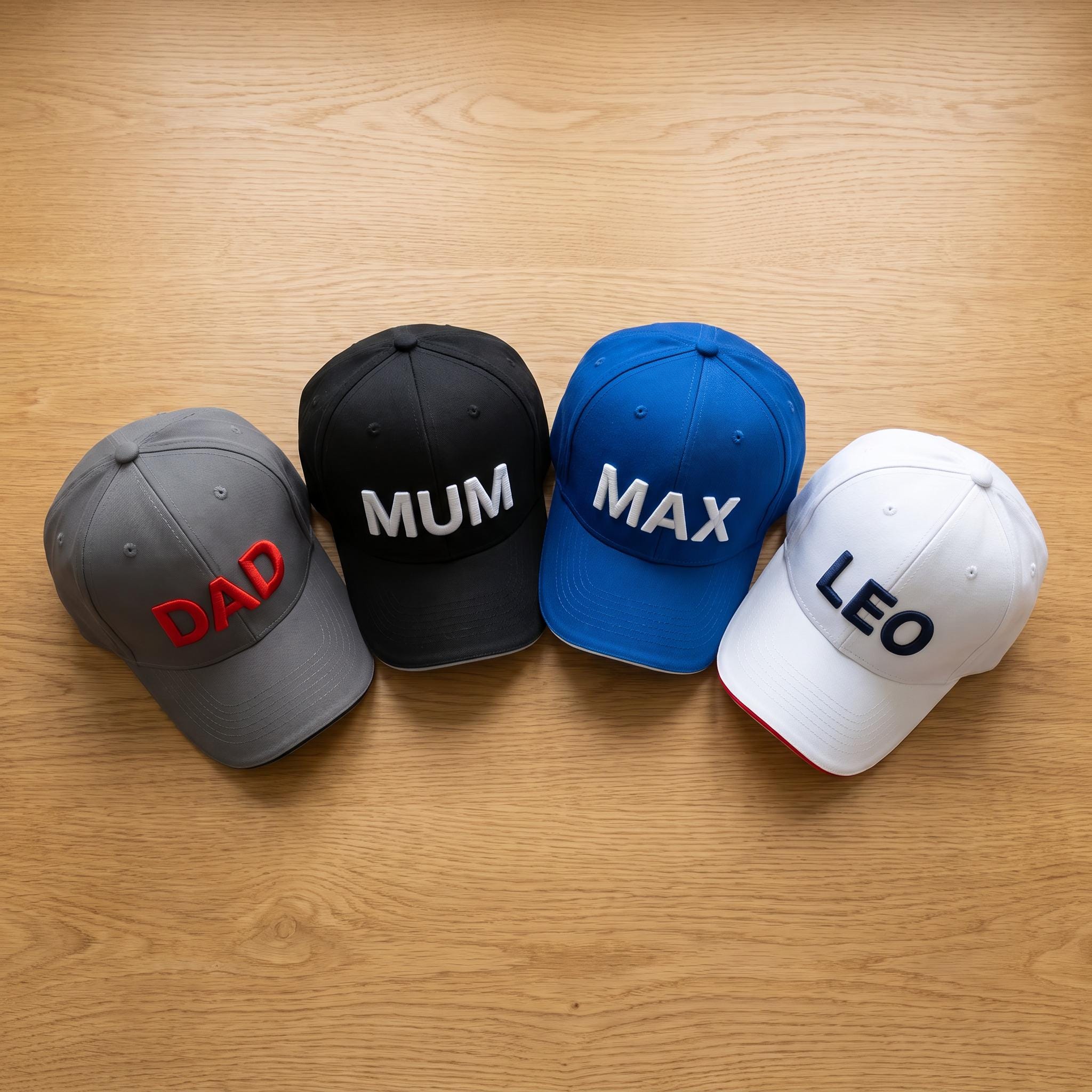 Custom embroidered caps in grey, black, royal blue and white with personalised names and contrast peak trims