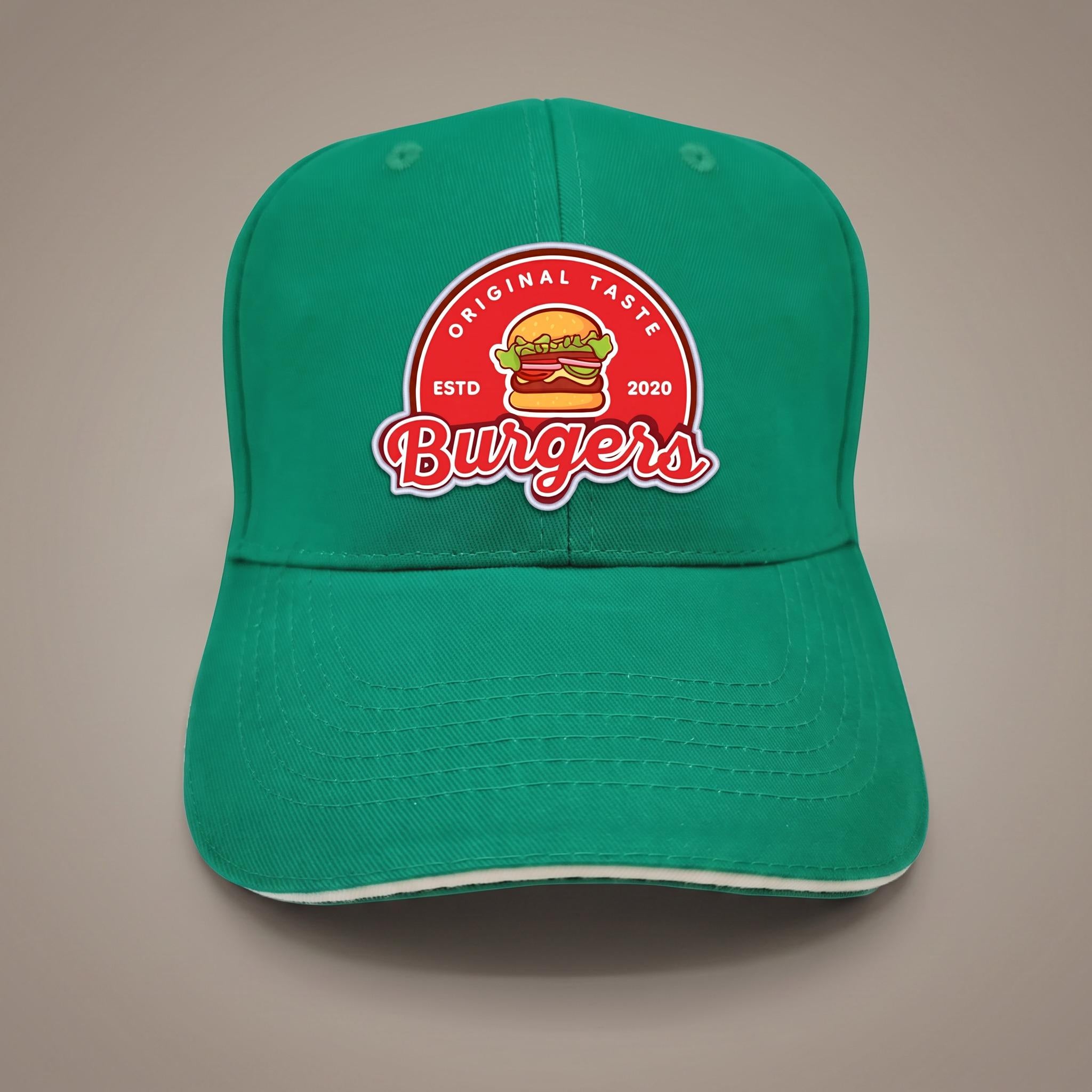 Custom printed logo patch baseball cap in kelly green with a full-colour die-cut business logo patch, made in the UK