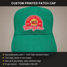Custom printed patch cap features: dye-sublimation vivid colour, any logo photo or design, die-cut any shape, 8 cap colours, made in the UK