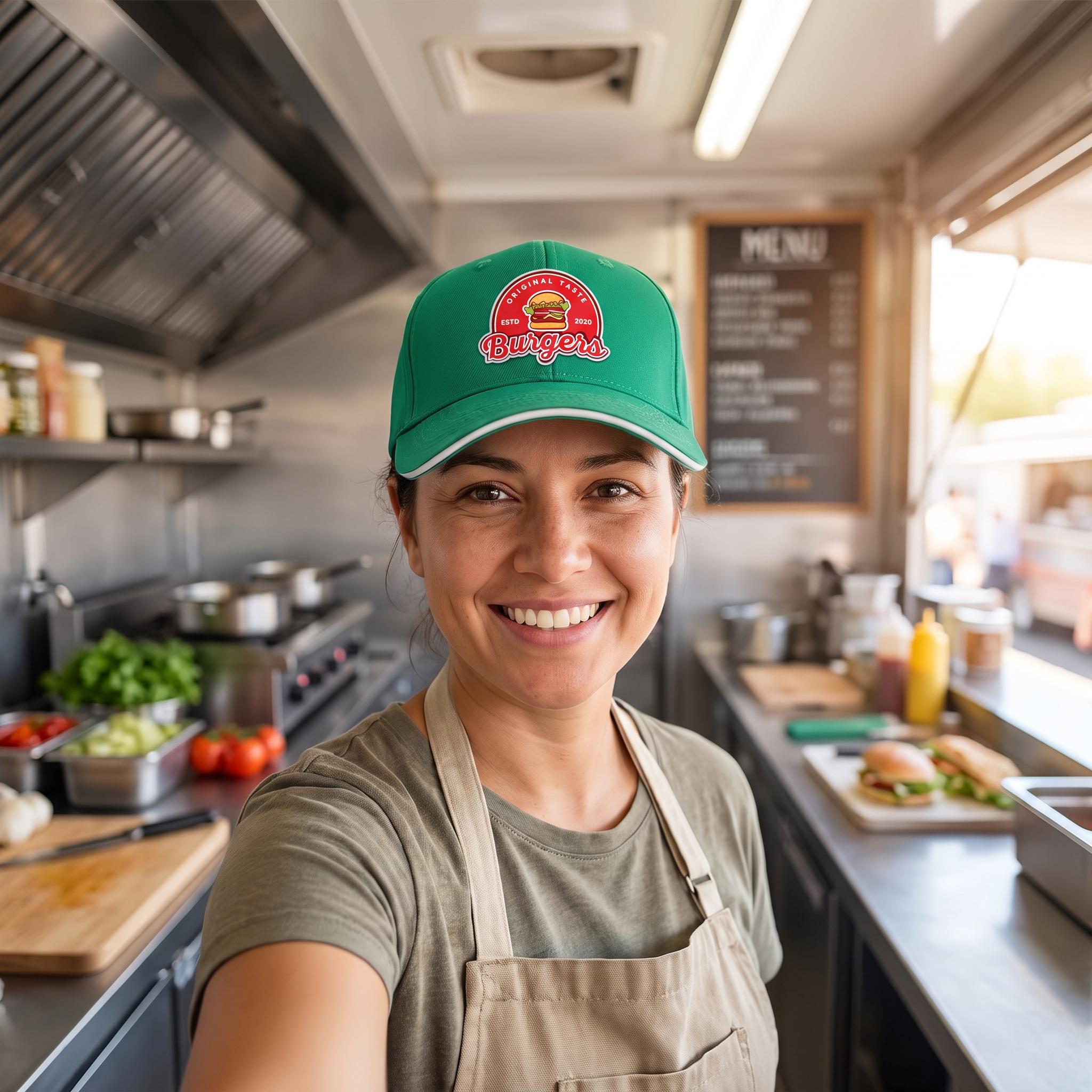 Small business owner wearing a custom cap with their printed logo patch on the front