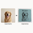 From your photo to your patch: golden retriever photo transformed into an engraved teal leather patch