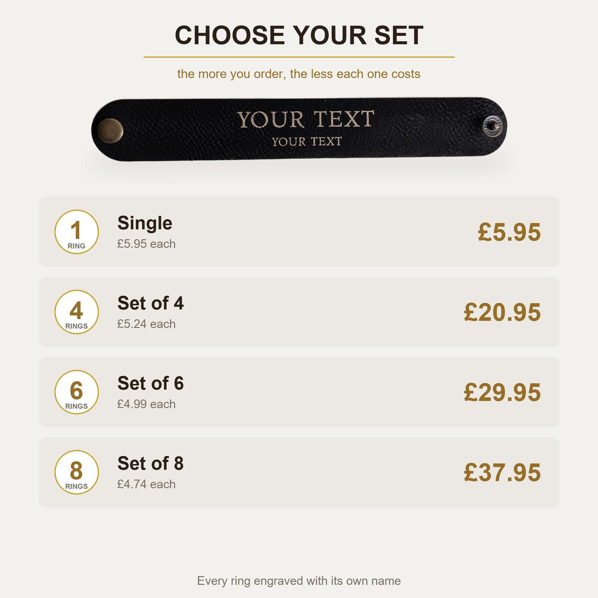 Set options: a single ring or sets of 4, 6 and 8, with the price per ring falling as the set grows