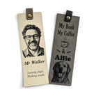 Two personalised vegan leather bookmarks, cream with an engraved portrait and grey with an engraved golden retriever