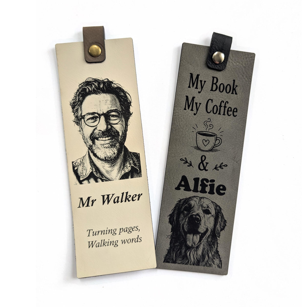 Two personalised vegan leather bookmarks, cream with an engraved portrait and grey with an engraved golden retriever
