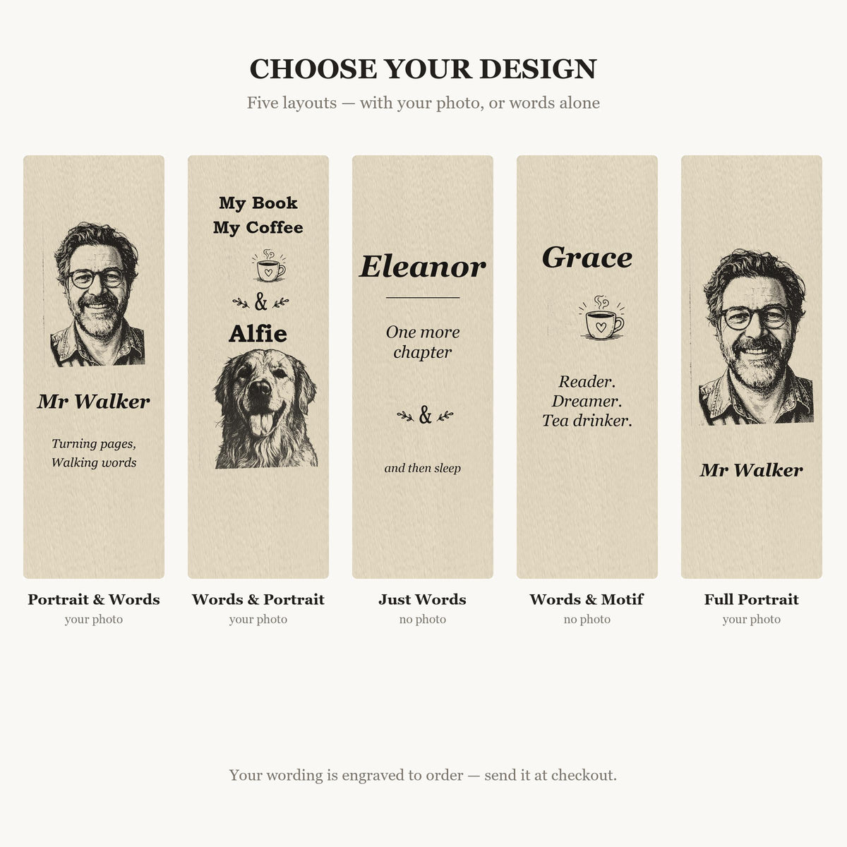The five bookmark designs: Portrait & Words, Words & Portrait, Just Words, Words & Motif and Full Portrait