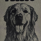 Close-up of a golden retriever engraved into grey vegan leather, showing the fur texture