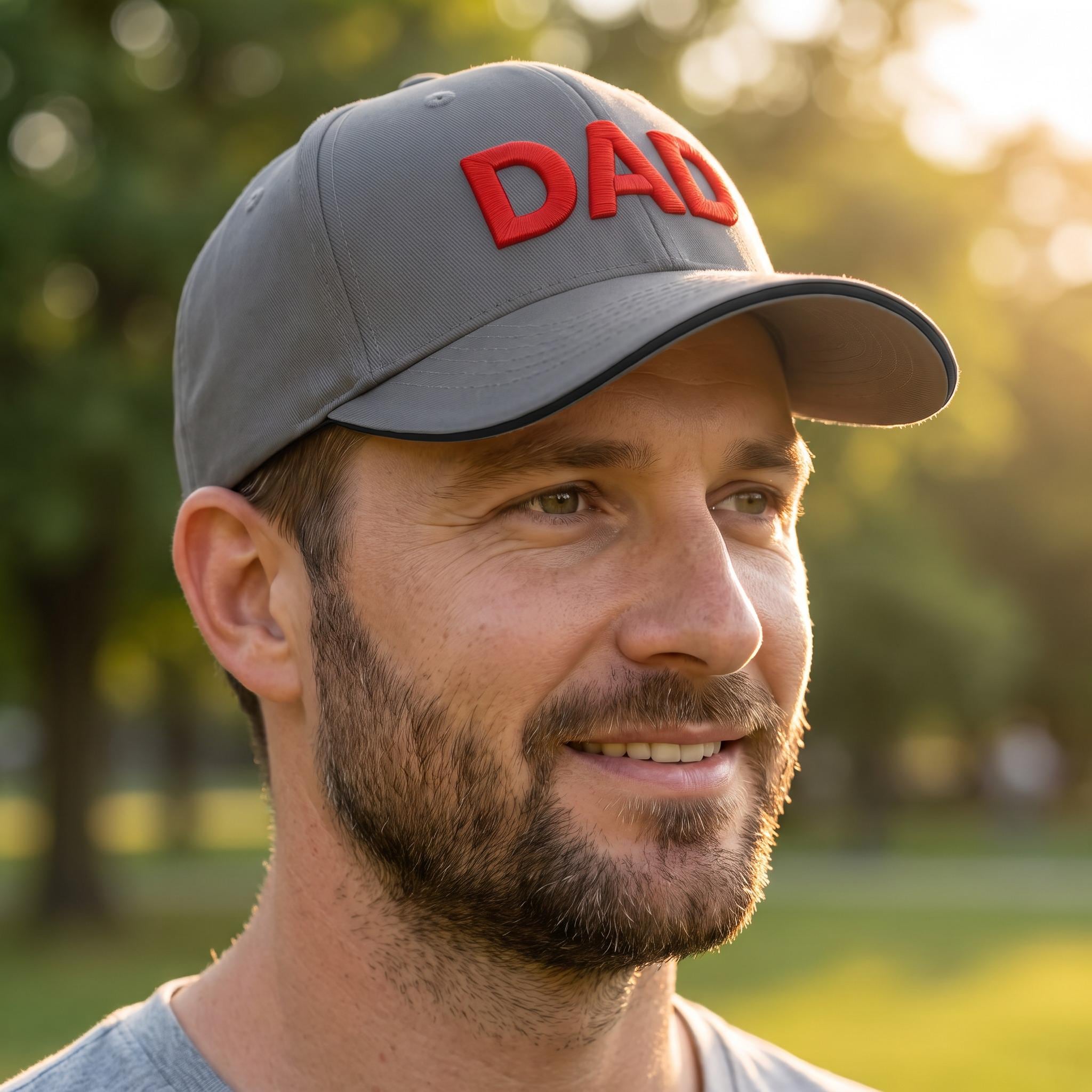 Man outdoors wearing a graphite grey personalised DAD cap with red 3D embroidery