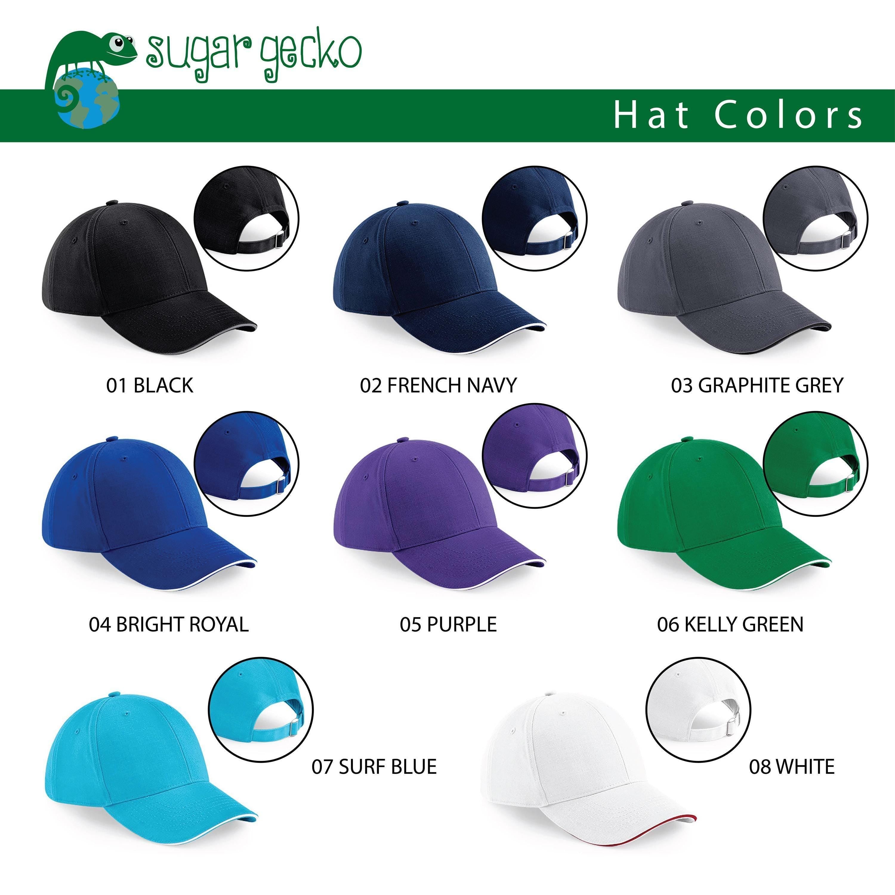 Available cap colours: black, french navy, graphite grey, bright royal, purple, kelly green, surf blue, white