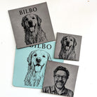 Custom engraved leather patches from photos: dog and man portraits on grey and teal vegan leatherette in two sizes
