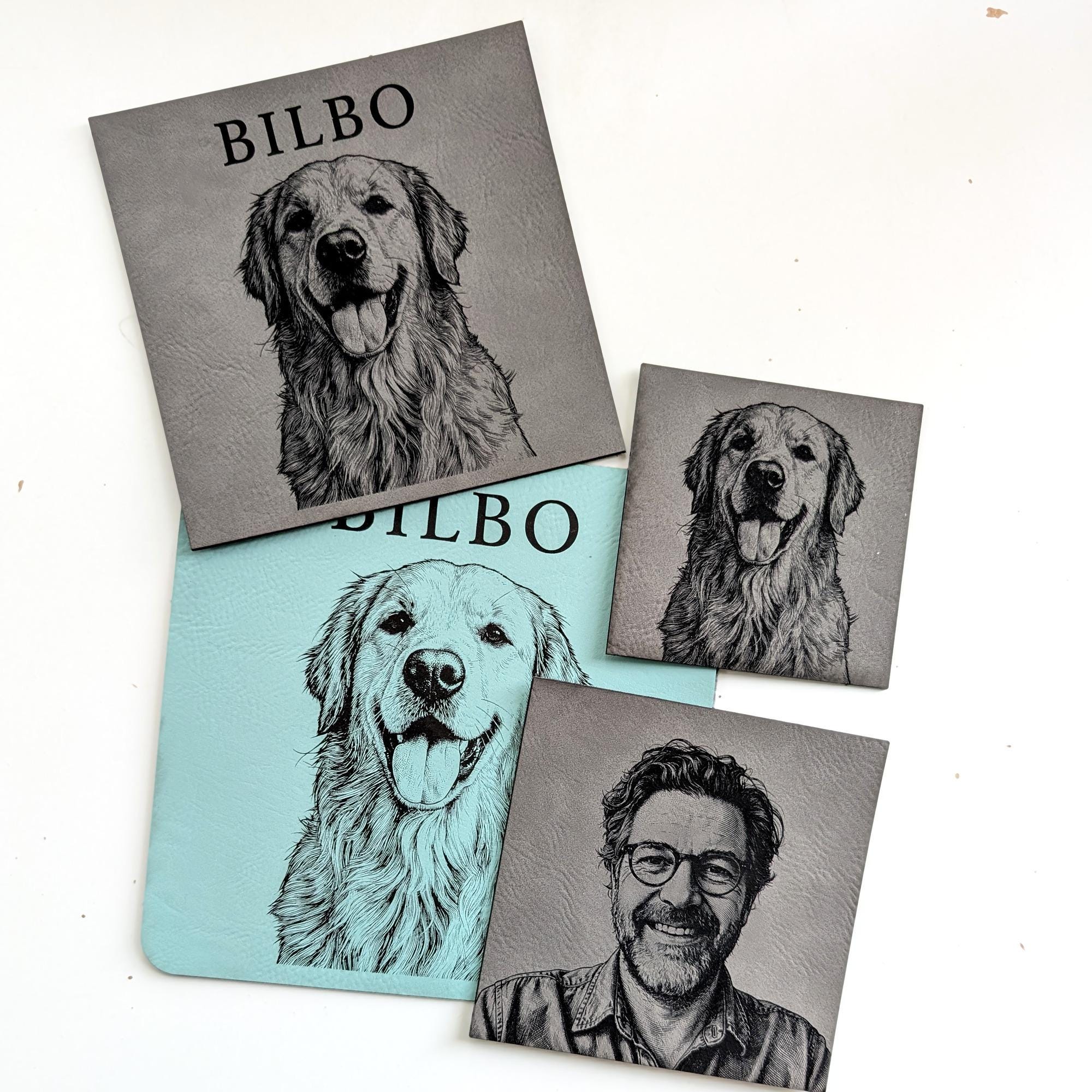 Custom engraved leather patches from photos: dog and man portraits on grey and teal vegan leatherette in two sizes