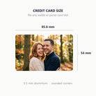 Size guide: 85.6 by 54 mm credit card size, 0.5 mm aluminium with rounded corners