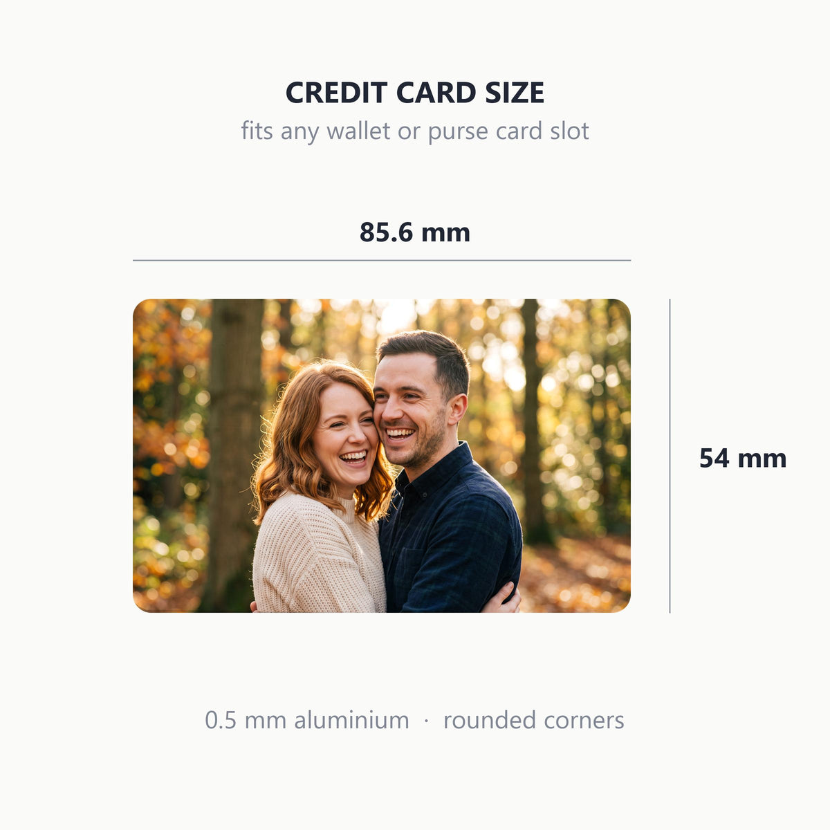 Size guide: 85.6 by 54 mm credit card size, 0.5 mm aluminium with rounded corners