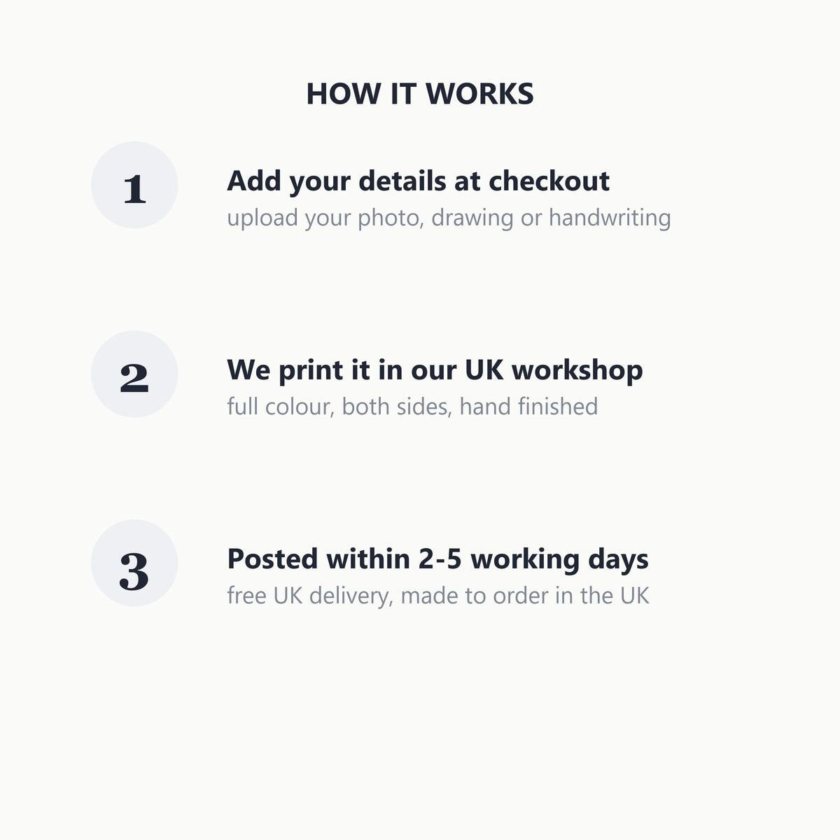 How it works: add your details, we print it in our UK workshop, posted within 2-5 working days with free UK delivery