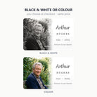 The memorial wallet card with the photo in black and white and in colour, same price