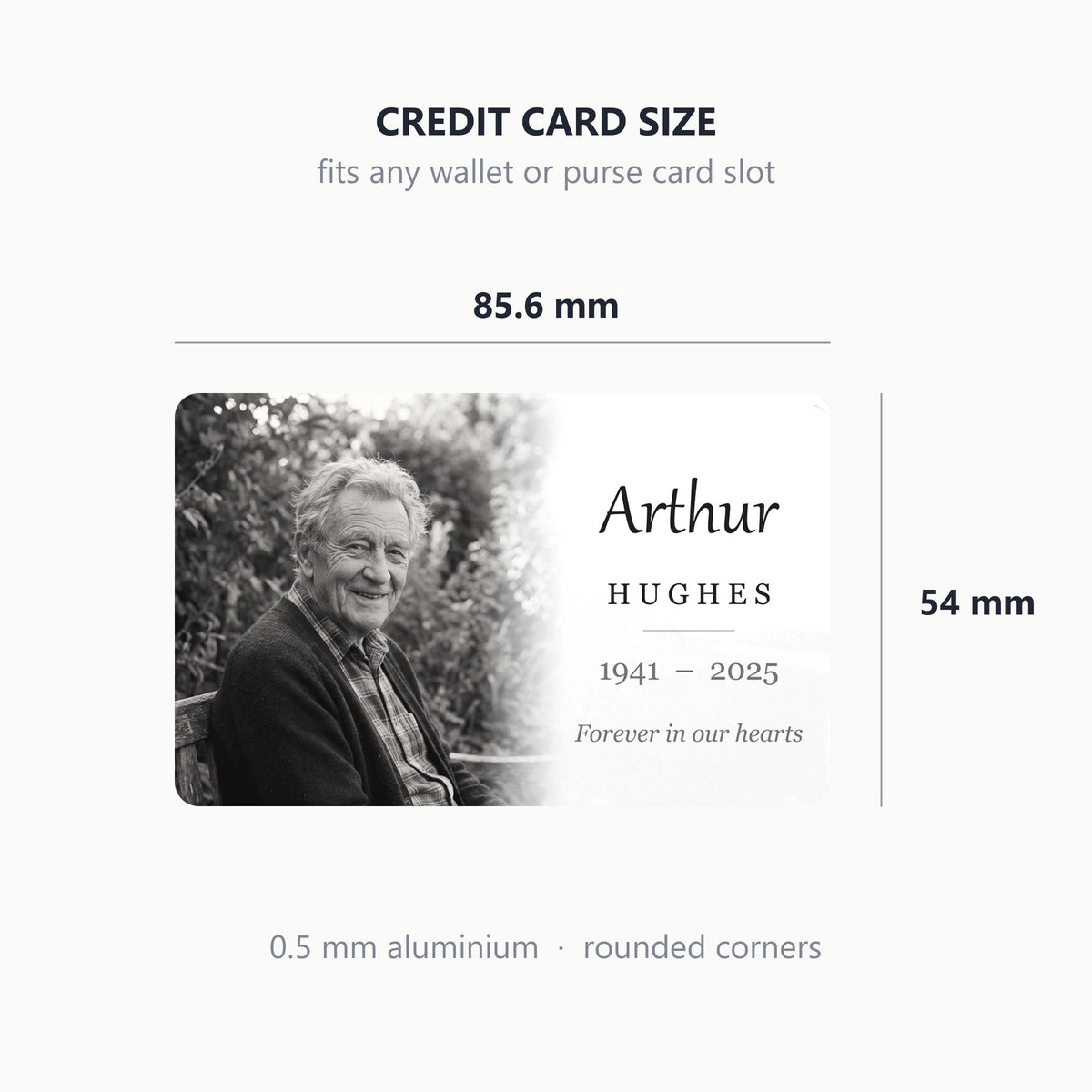 Size guide: 85.6 by 54 mm credit card size, 0.5 mm aluminium with rounded corners