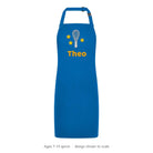 Royal blue children's apron, ages 7-10, Whisk design and name Theo shown to scale