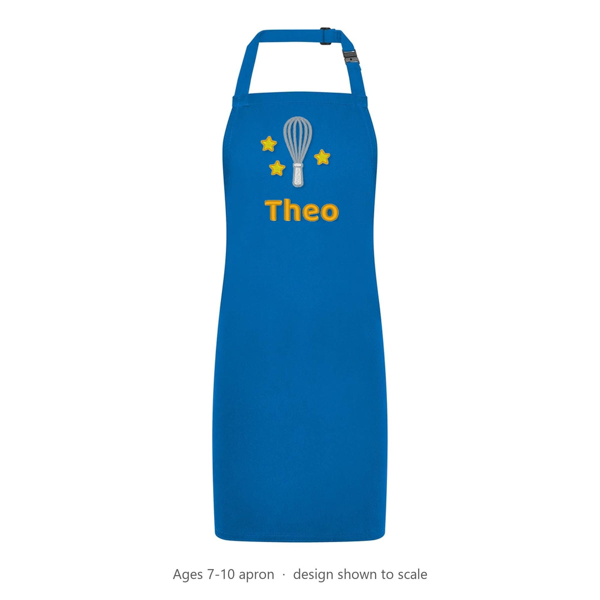 Royal blue children's apron, ages 7-10, Whisk design and name Theo shown to scale