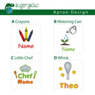 Four kids apron embroidery designs: A Crayons, B Watering Can, C Little Chef, D Whisk
