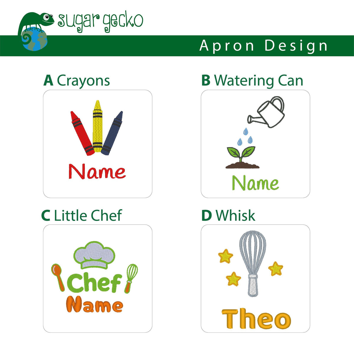 Four kids apron embroidery designs: A Crayons, B Watering Can, C Little Chef, D Whisk